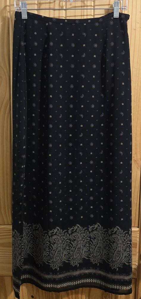 Kathy Lee Womens Maxi Skirt  Size 8 Black Paisley Vintage 90s