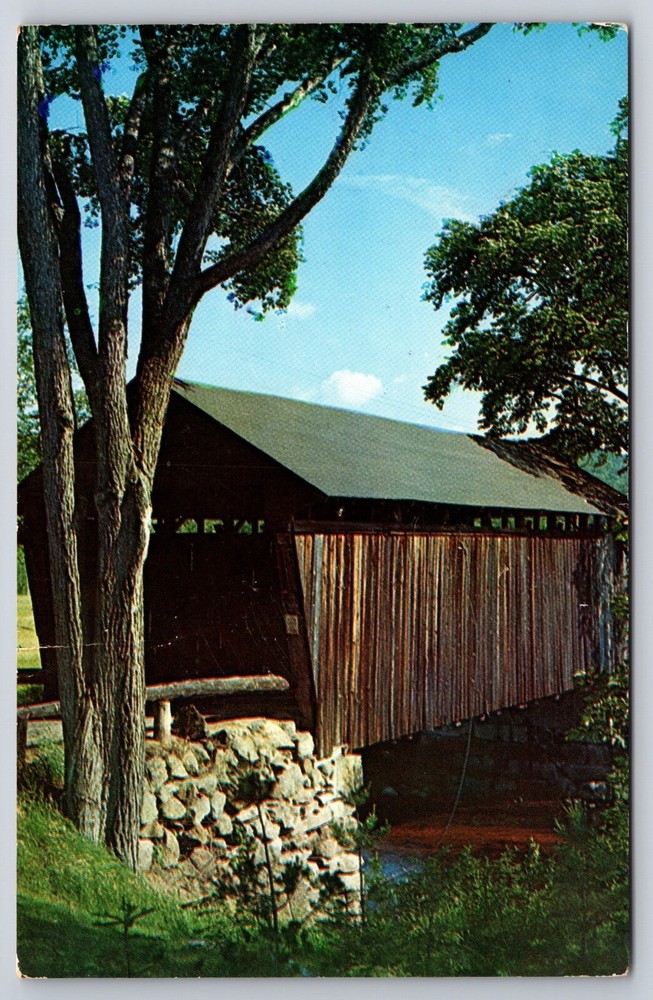 View of Old Covered Bridge over River in Bradford New Hampshire Vtg Postcard