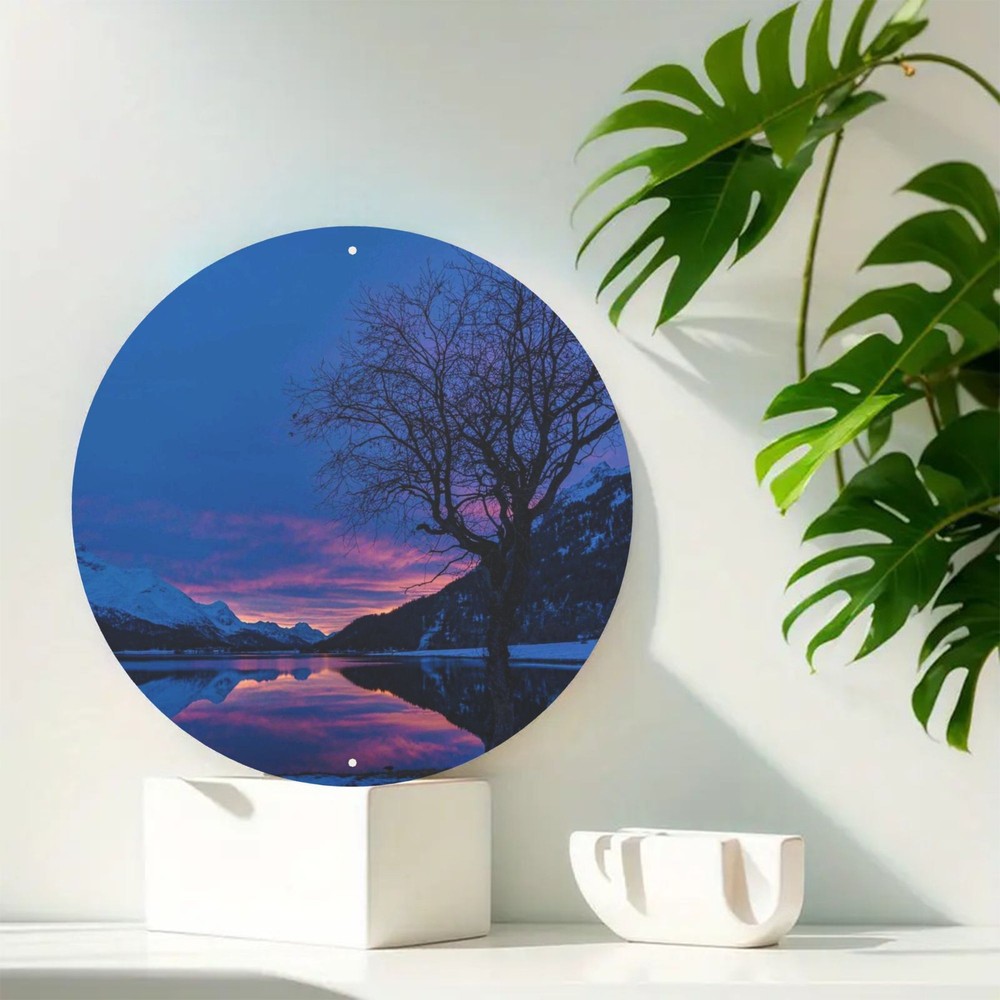 Round Mountain Tree Reflection Landscape Metal Wall Art