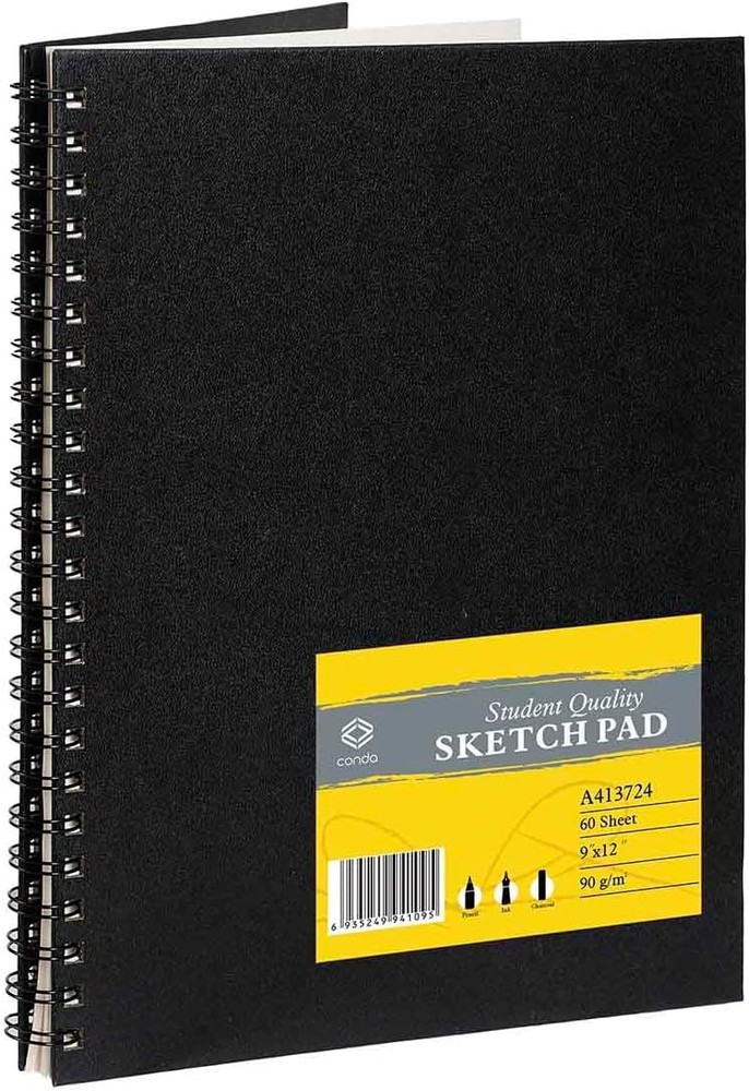 CONDA 9x12 Hardbound Sketchbook 60 Sheets Heavyweight Black Double-Sided