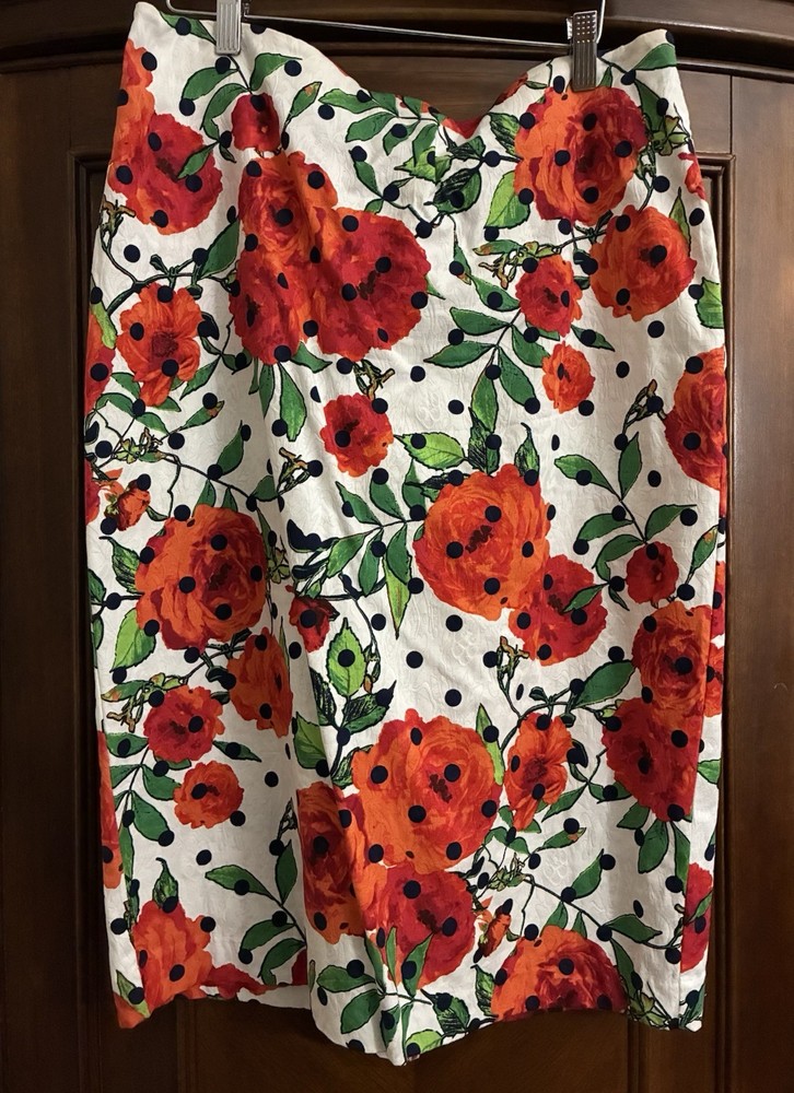 Floral & Polka Dot Pencil Skirt Knee Length White Red Green Black Slit. NY & Co