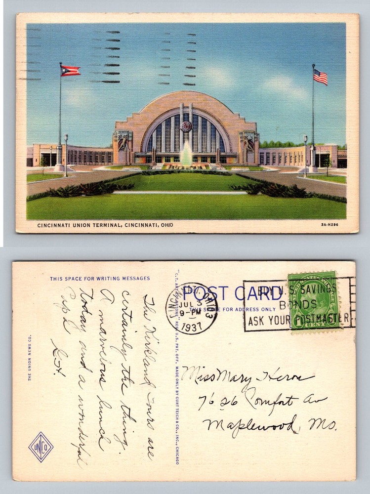 Cincinnati, OH-Ohio, Union Terminal Fountain Plaza View Vintage c1937 Postcard