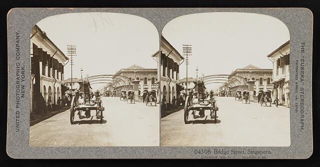 Photo:Singapore Bridge Street 1908 street scene horse carts stereograph