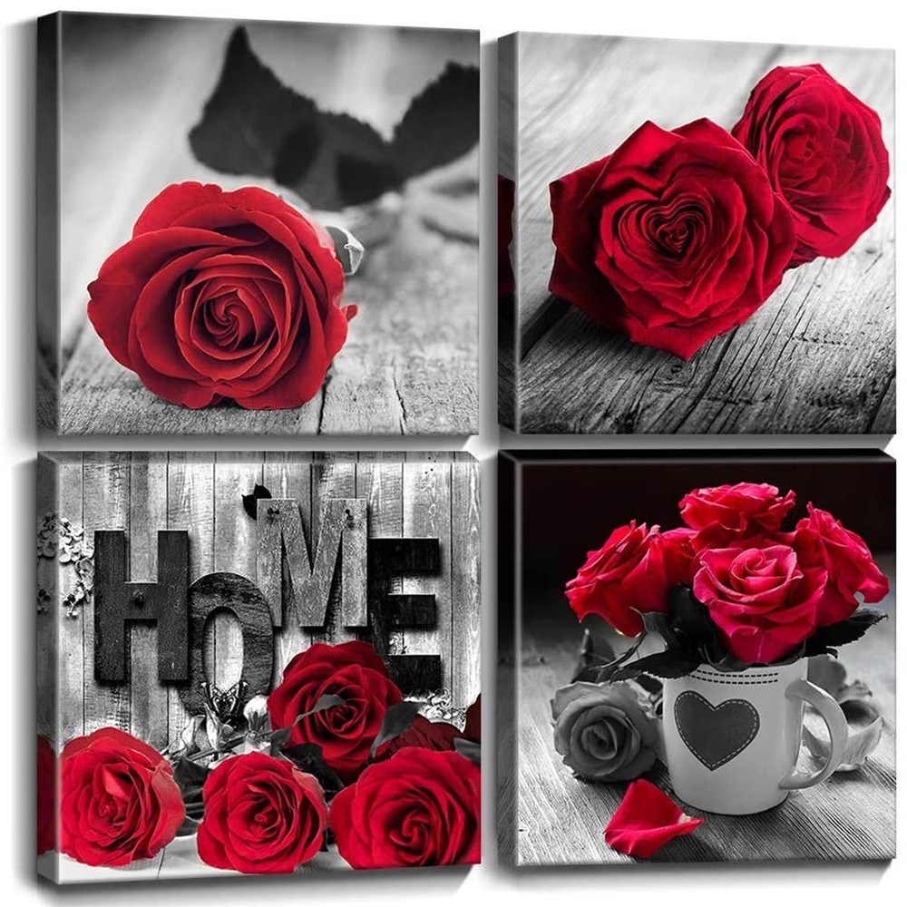Red Wall Decor for Bedroom, Black & White Rose Canvas Art, 4-Piece Set, 12x12