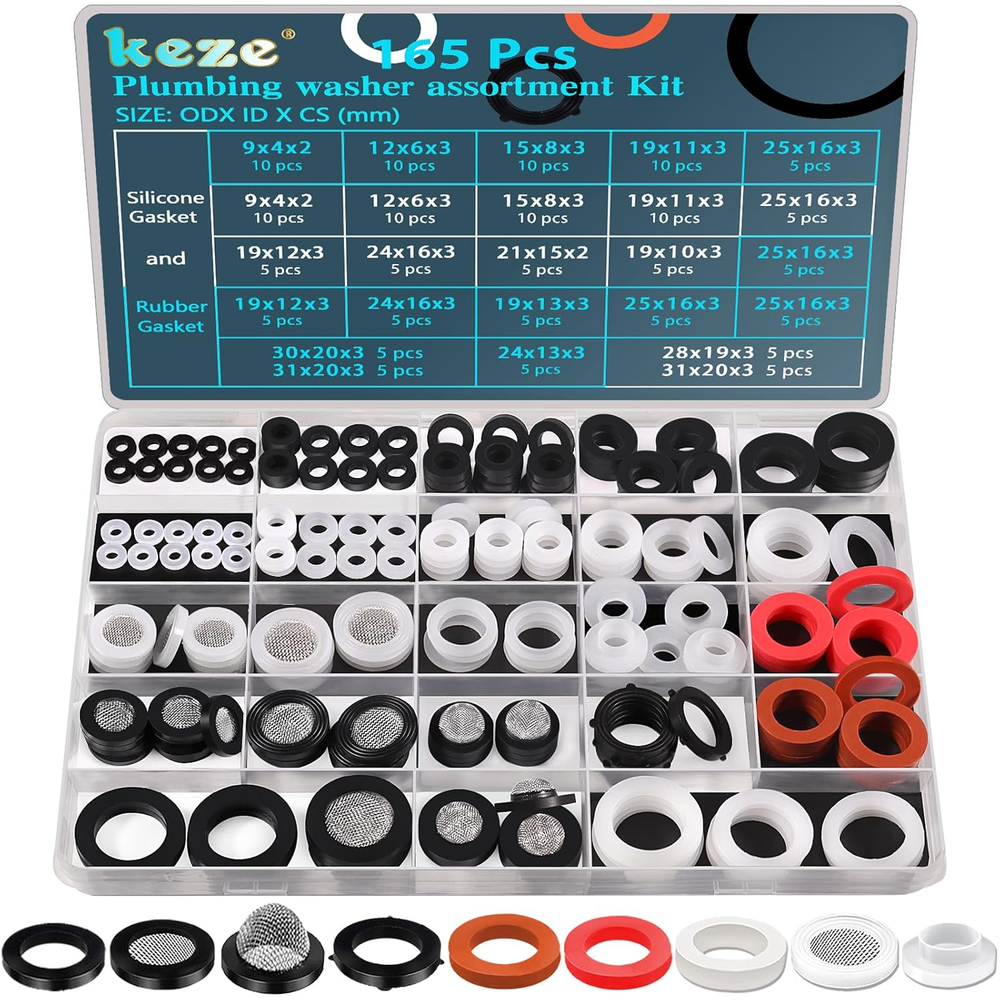 24 Sizes Plumbing Washers Assorted Kit 165 PCS Garden Hose Washer Rubber Self Lo