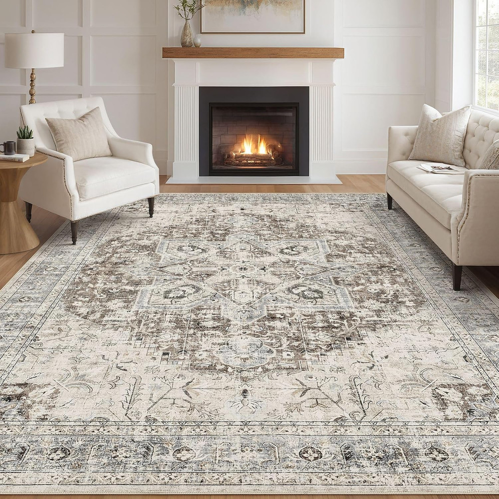 Area Rug Living Room Rugs - 8X10 Washable Boho Rug Vintage Oriental Distressed F