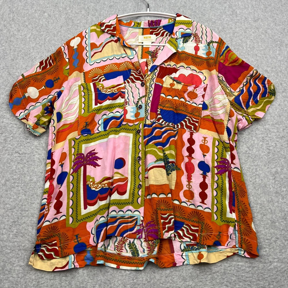 Anthropologie Maeve Bon Voyage Shirt Womens Medium Colorful Print Boho Button Up