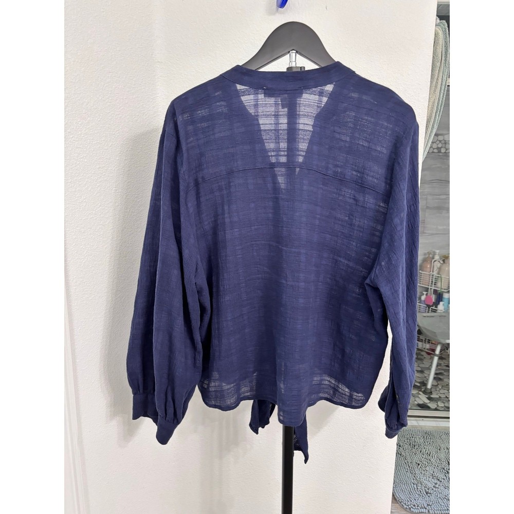 Fever XL Navy Blue Tie Front Gauze Blouse Boho Sheer Button Front Top