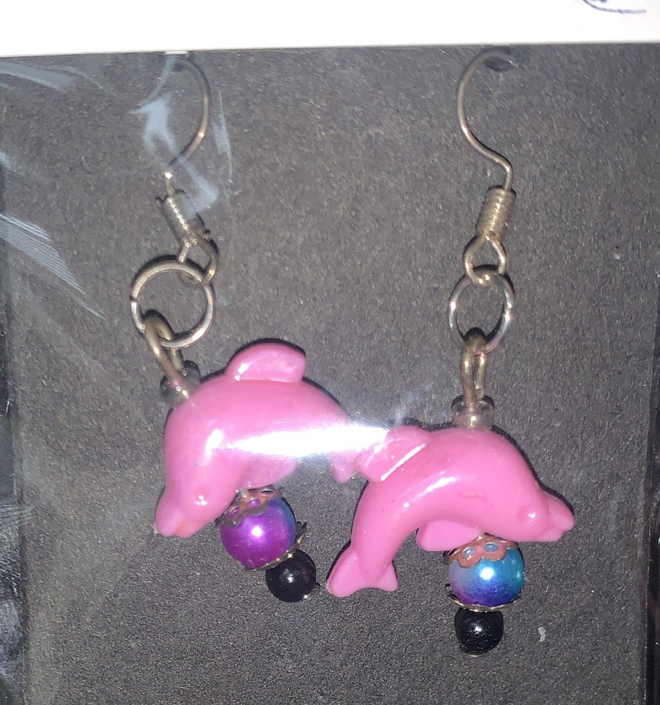 Handcrafted Pink Dolphin Dangle Hook Earrings Silver Purple Blue Beaded Plastic