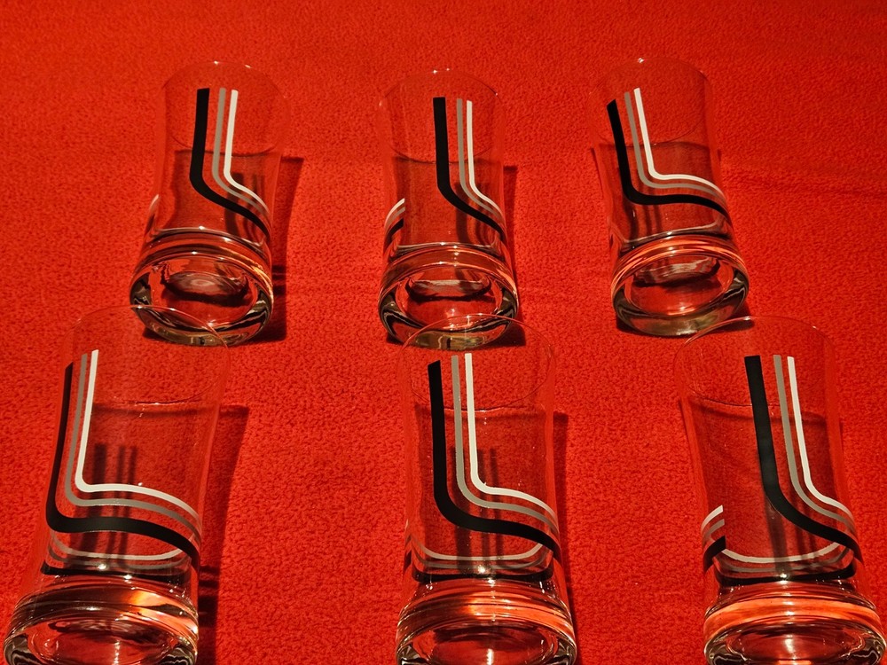6 Vintage Classic MCM Black, Grey & White Stripe Drinking Glasses 10oz.
