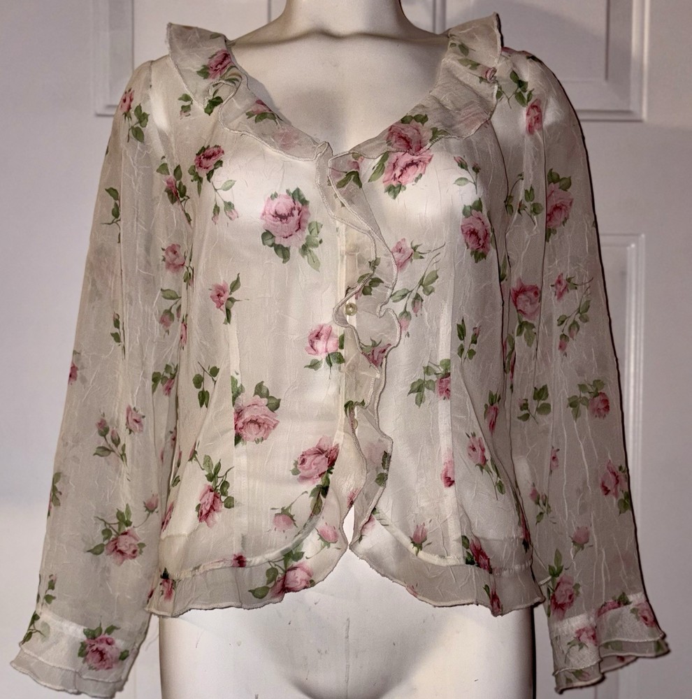 Boston Proper Sheer Floral Chiffon Ruffle Tie-Front V-Neck Blouse Size 8