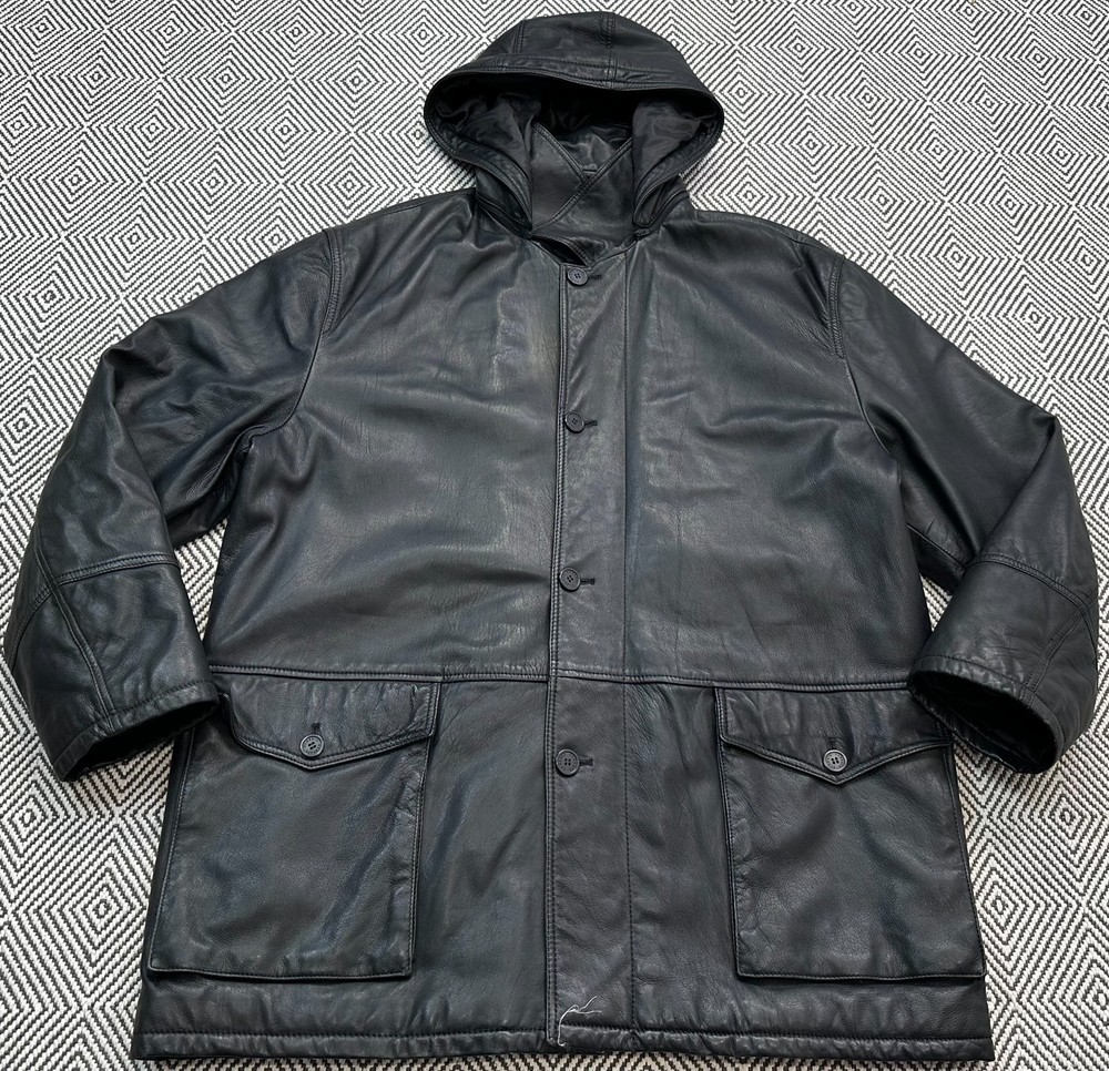 VERSACE CLASSIC MENS HOODED LEATHER JACKET COAT MADE IN ITALY BLACK SIZE XXL