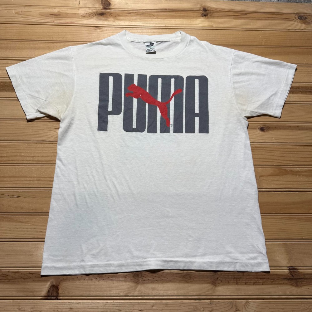 Vintage 80s Puma Big Spellout Logo Sportswear Single Stitch Graphic Shirt USA XL