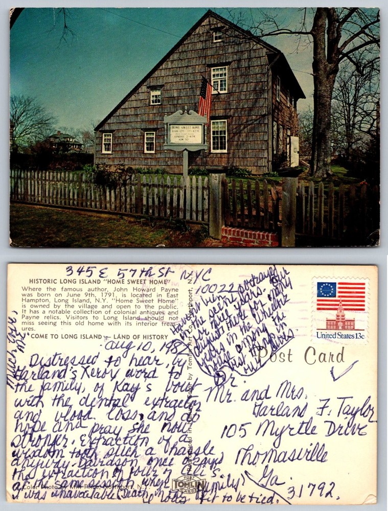 Home Sweet Home John Howard Payne Birthplace East Hampton Long Island Postcard