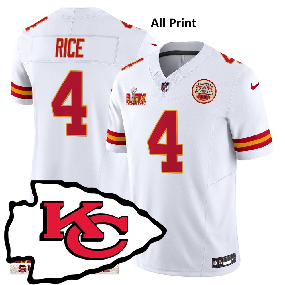 Kansas City Chiefs Super Bowl LIX Rashee Rice #4 Football Jersey with All Print Options