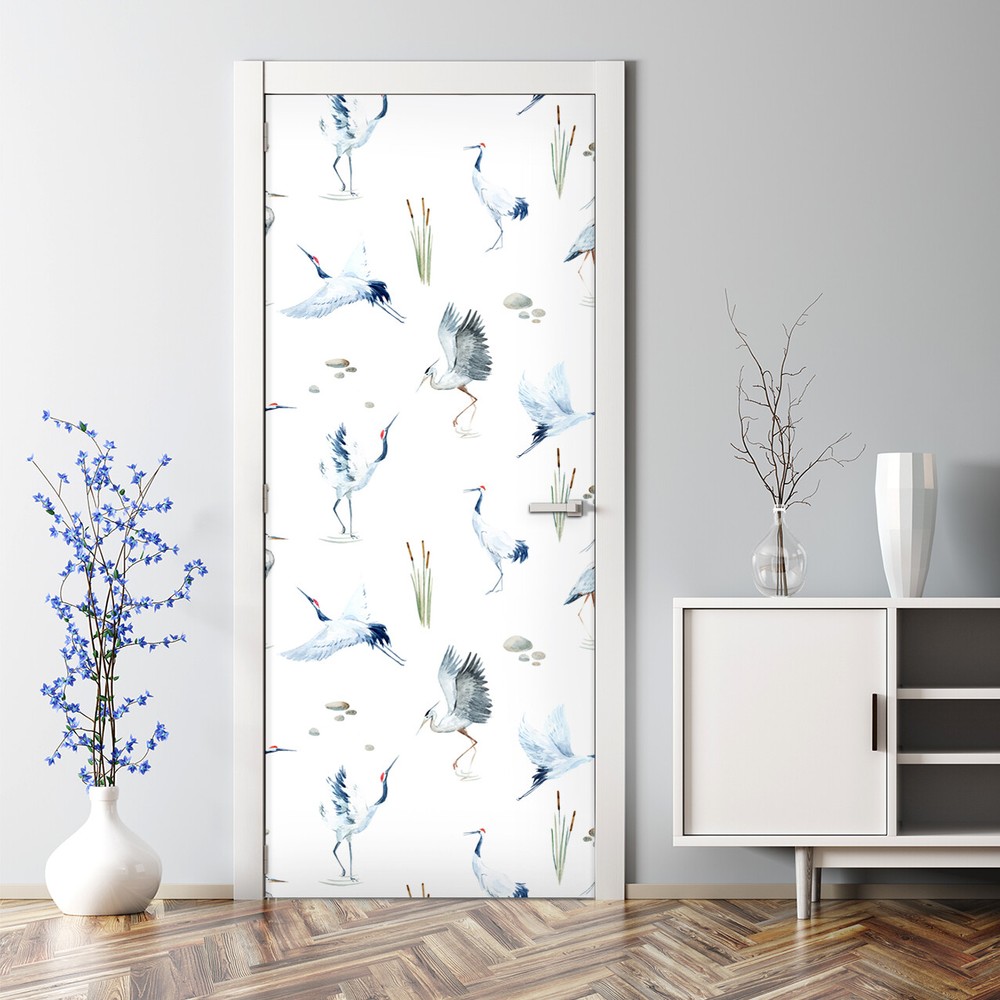 Bubble Free Door sticker Crane Tropical Self adhesive Decal Decor Birds