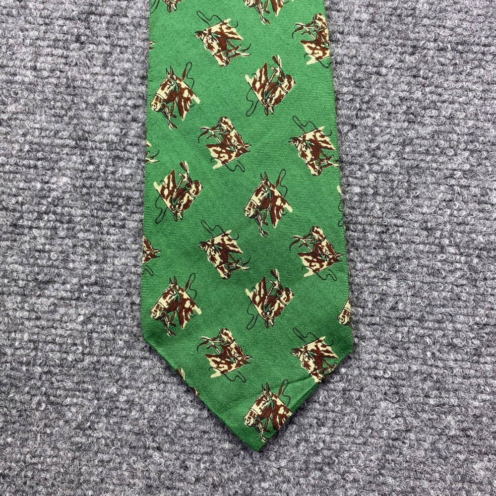 VTG Polo Ralph Lauren Equestrian Horse Head Print Green Silk Rayon Tie USA