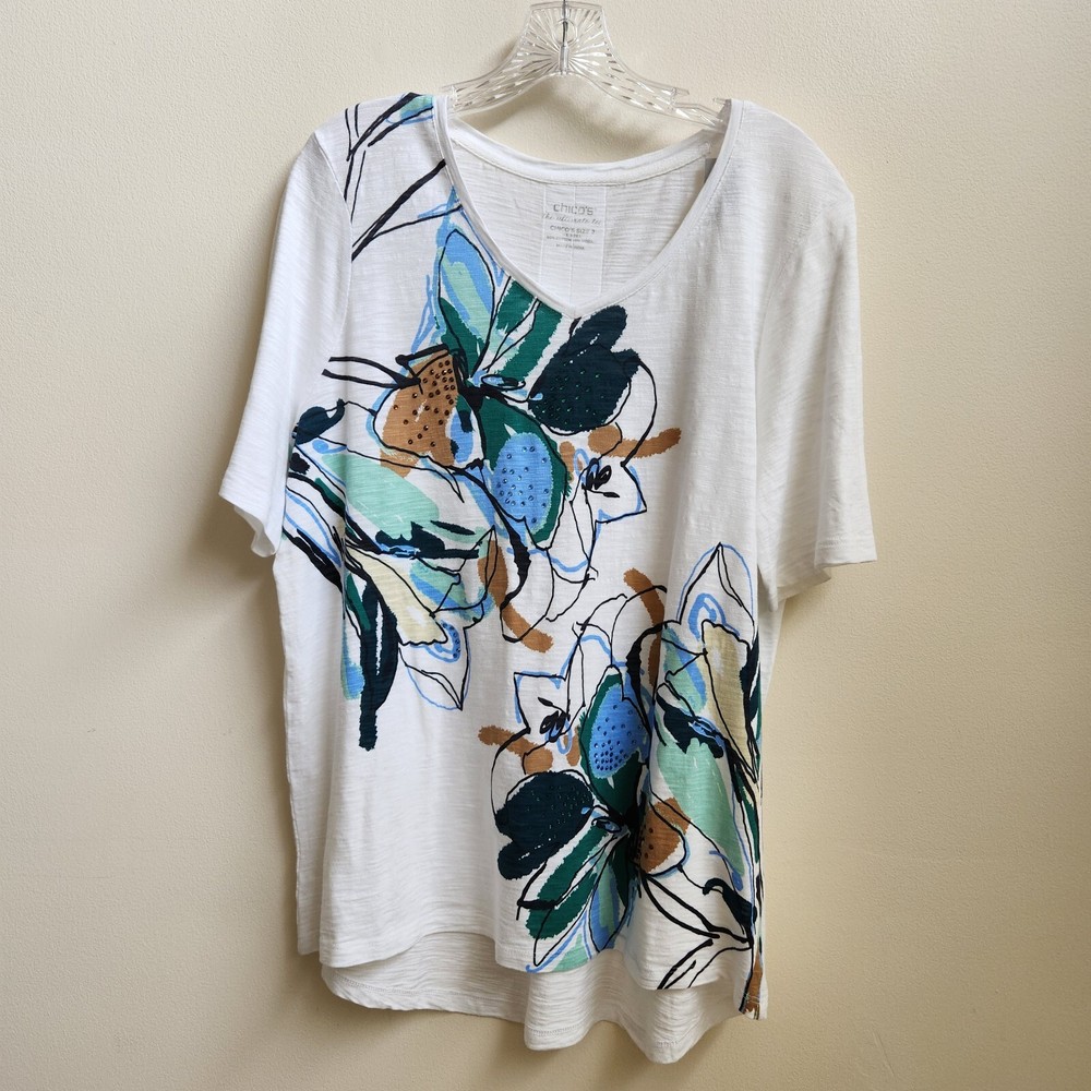 Chico's The Ultimate Tee Top Women's 2 White Blue Abstract Floral Coastal Boho