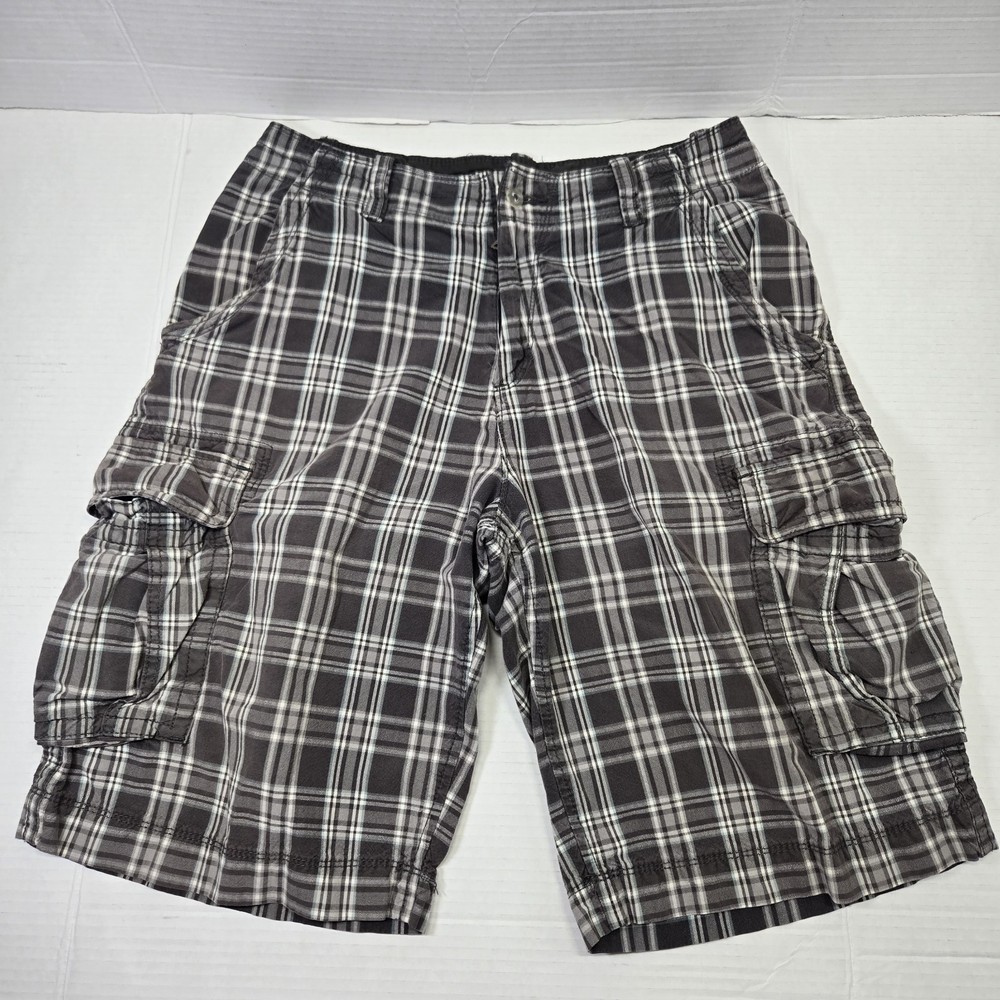 Arizona Jean Co. Plaid Cargo Shorts Men's Size 30 Black Gray White Multi Pockets