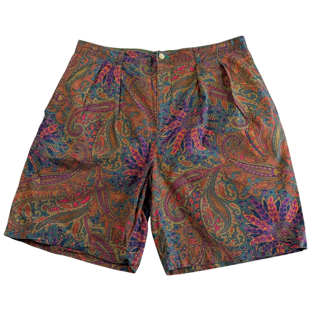 Vtg Y2K Tommy Hilfiger Mens Paisley Cotton Bermuda Shorts Sz 36 Pleated Baggy