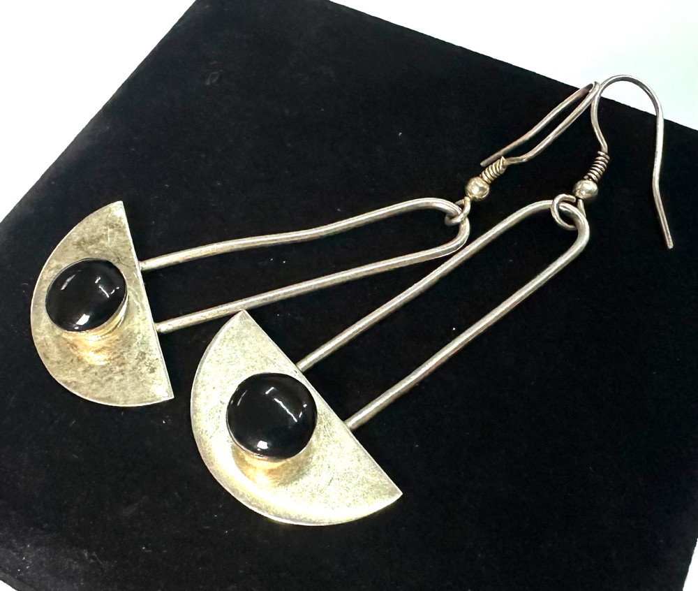 Vintage Onyx Dangle Abstract Silver Tone Earrings Jewelry Lot I