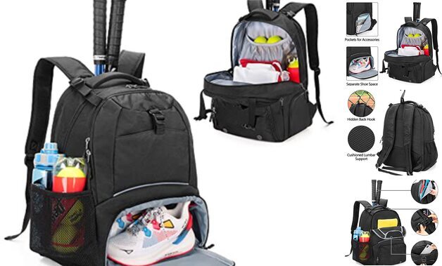 Tennis Backpack for 2 Rackets, Tennis Bag with Separate Ventilated Shoe Black