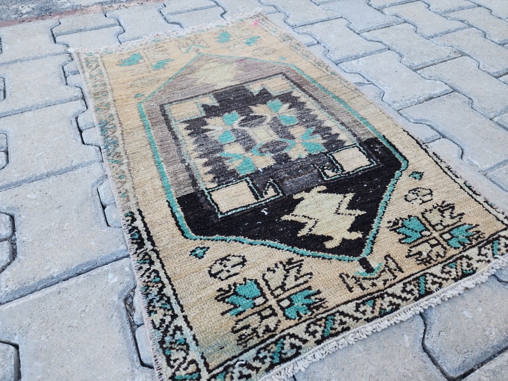 Turkish Oushak Rug, 1.7x2.6 ft, Beige Teal Vintage Rug