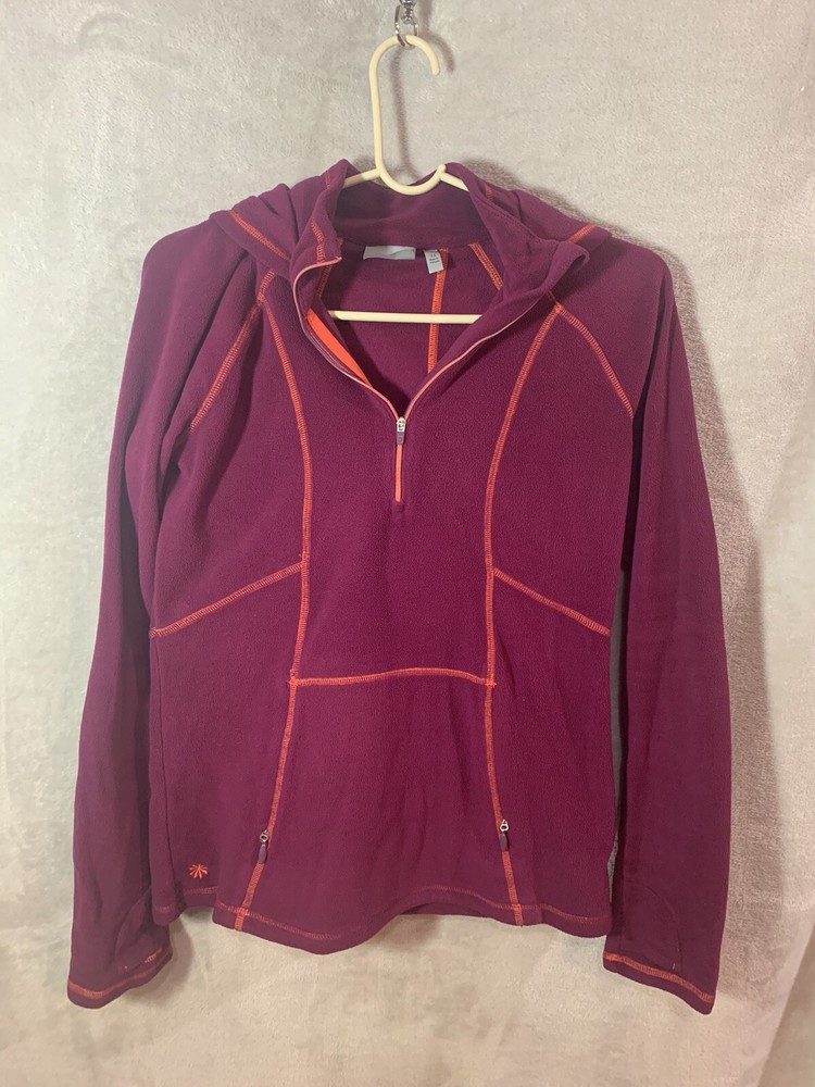 Athleta Womens Fleece Pullover  XS Red 1/4 Zip Pouch Hood Comfy Sweatshirt