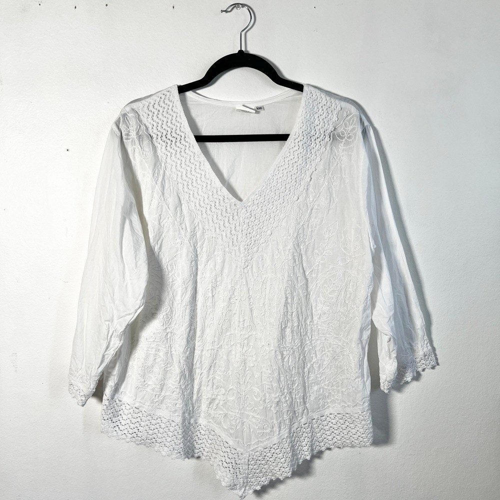 White Embroidered Peasant Top Sz XXL Coastal Boho Bohemian Cottagecore