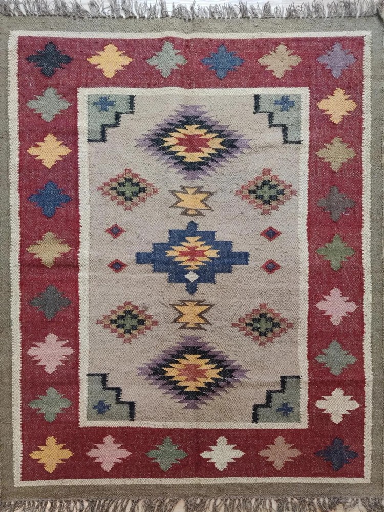 Handwoven Wool Jute Kilim Rug Color Multicolor Handmade Design Carpet Rug