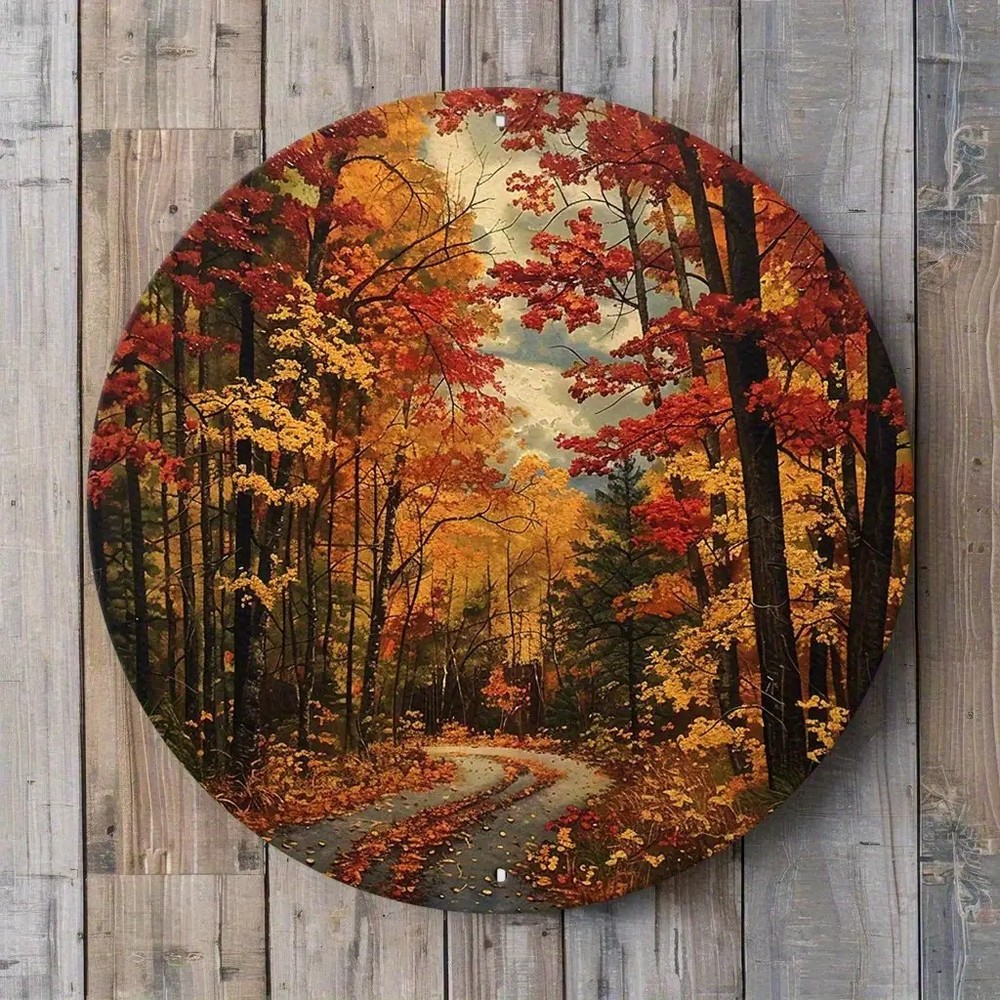 Autumn Forest Scenery Round Aluminum Wall Art Vibrant Fall Leaves Decor