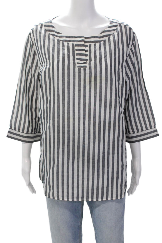 Bogner Womens Cotton Linen Striped V-neck Long Sleeve Blouse Top Gray Size 12Free Shipping in US $100+ Orders | $6.95 Orders Below