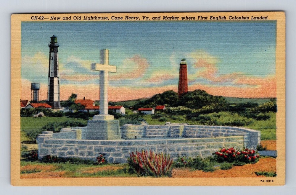 Cape Henry VA-Virginia, New & Old Lighthouse and Marker, Vintage c1948 Postcard