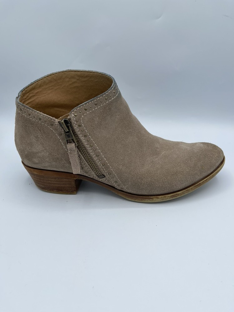 Lucky Brand Benna Taupe Suede Ankle Boots with Zip Up Stacked Heel Size 7.5
