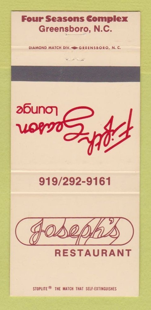 Matchbook Cover - Joseph's Restaurant Four Seasons Greensboro NC 30 Strike