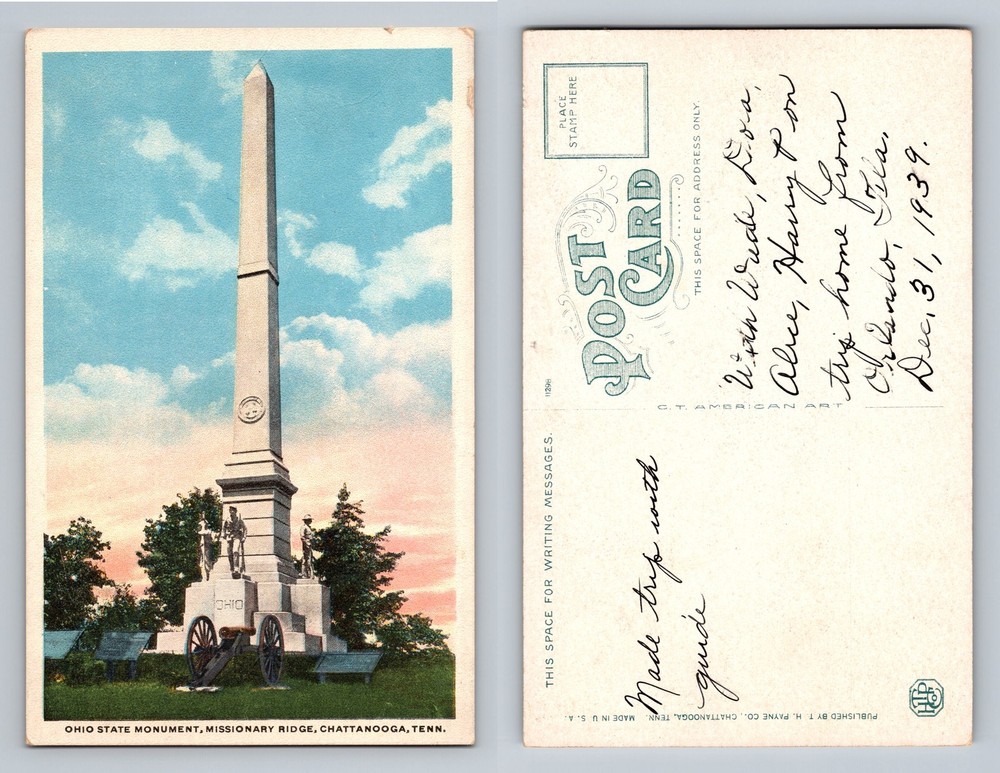 Chattanooga, TN-Tennessee, Ohio State Monument Missionary Ridge Vintage Postcard