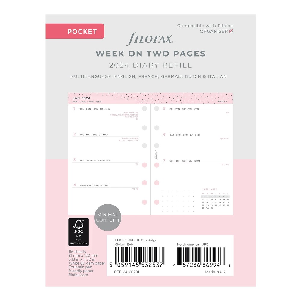 Calendar Diary Refill, Pocket Size, Week-to-View, Confetti Minimal Diary Pack...