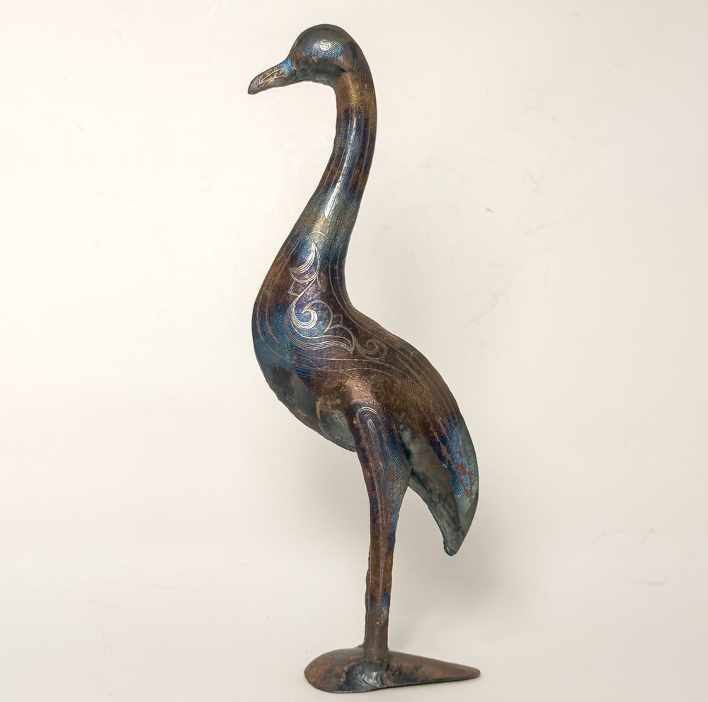 Vintage Handcrafted Metal Crane Bird Sculpture Etched Copper Patina 10.5”