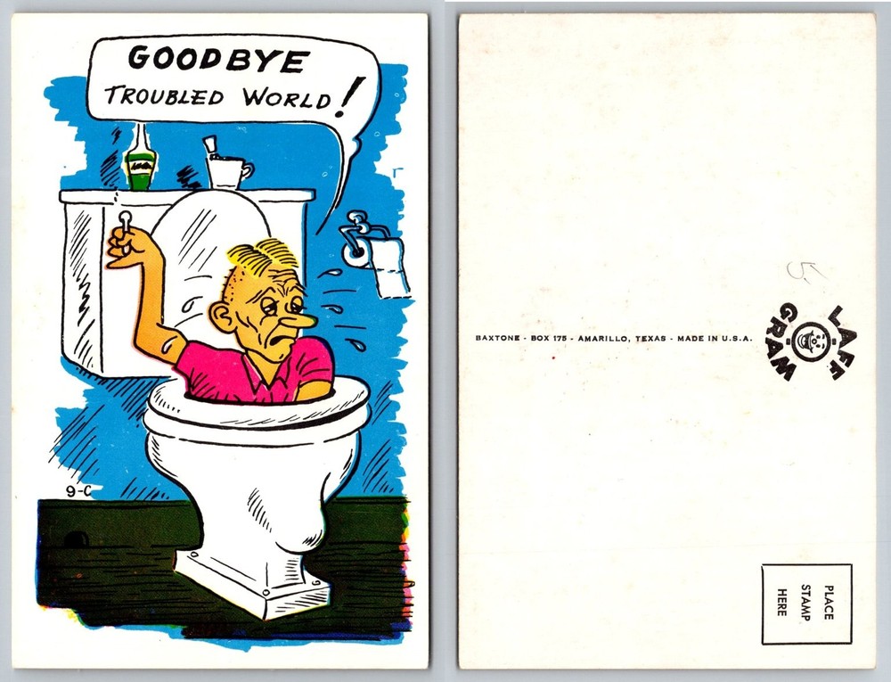 Vintage Baxtone Laff Gram Postcard Man in Toilet Goodbye Troubled World Humor