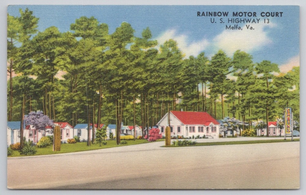 Rainbow Motor Court Melfa VA Linen Postcard US Highway 13 Virginia Vacancy Sign