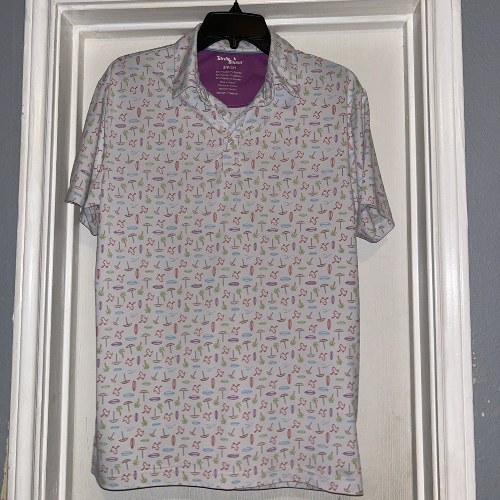 Birdie Bound Polo Shirt Men Size S Performance Palm Trees Allover Golf Preppy