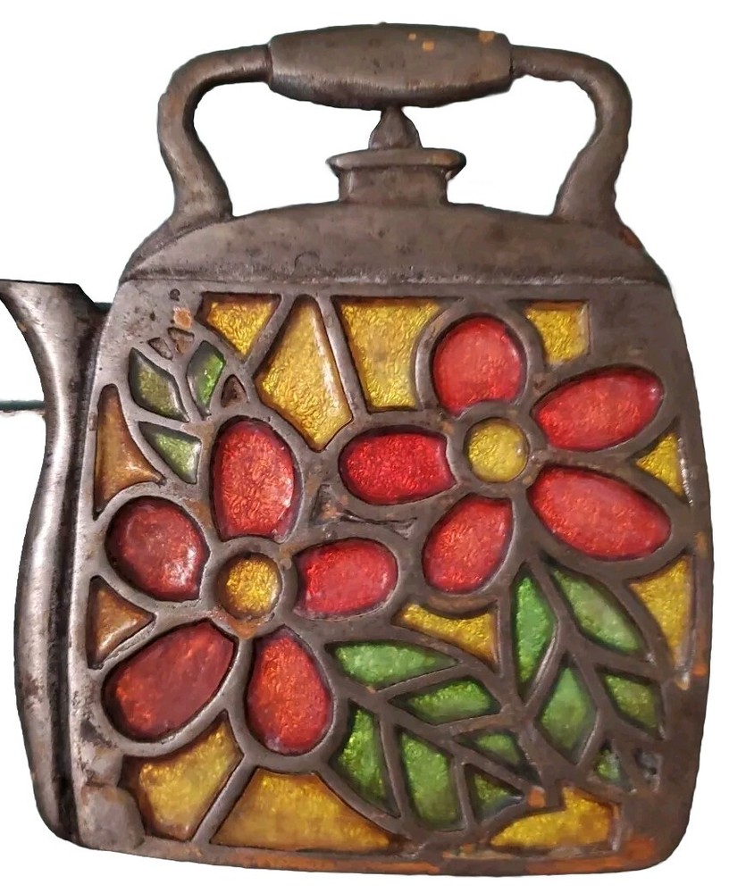 Vintage Cast Iron Teapot Trivet with Orange Yellow Stained Glass 6.75