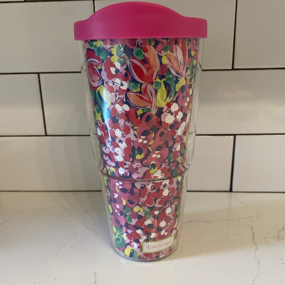 Pair Lilly Pulitzer Travel Tumbler Thermal Mug Coffee Cup CONFETTI Pink Blue