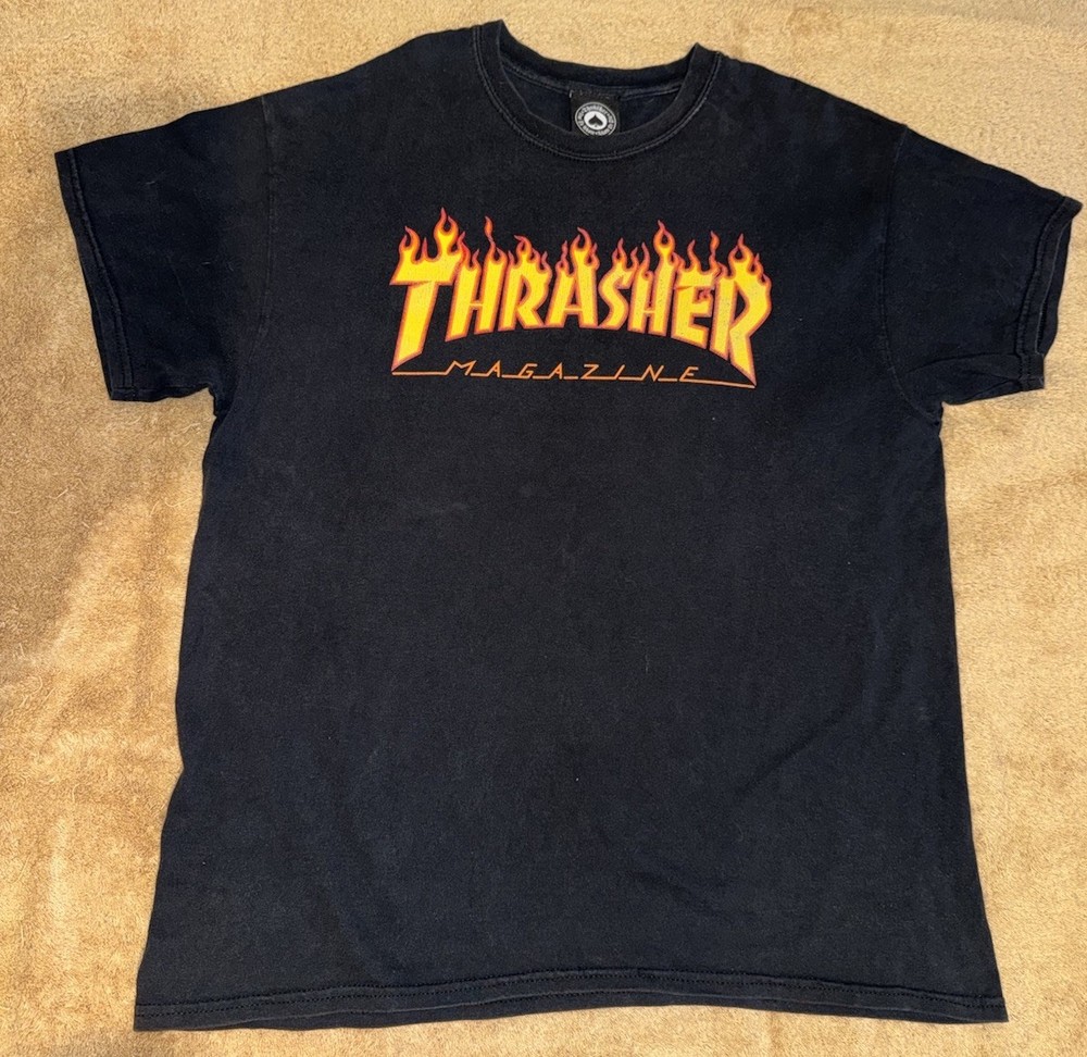 Vintage Official Thrasher Magazine Logo Skate Men's Shirt Black W/ Flame SF 90’s