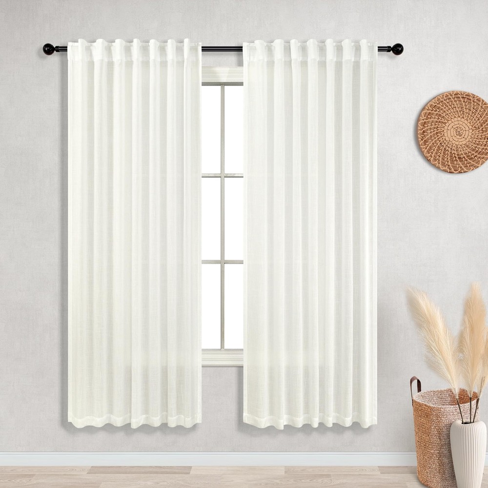 Linen Sheer Curtains 63 Inch Length for Living Room,2 Panel Set Semi Sheer Li...