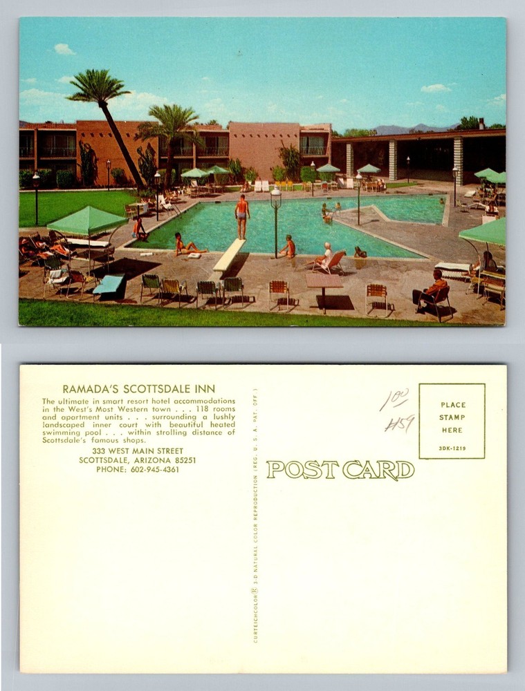 Scottsdale, AZ-Arizona Ramada Scottsdale Inn Pool and Courtyard Vintage Postcard