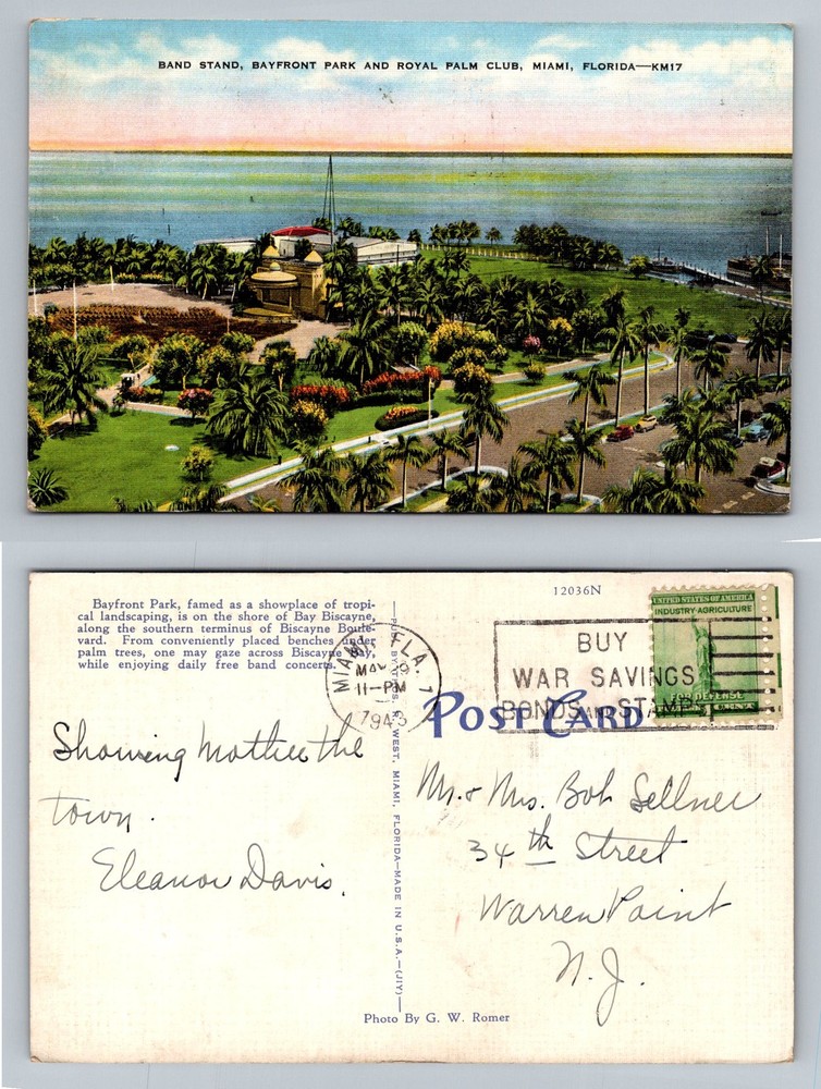 Miami, FL-Florida, Bayfront Band Stand Royal Palm Club Vintage c1943 Postcard