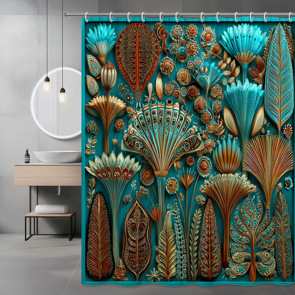 Boho Floral Leaves Shower Curtain Teal Orange Botanical Print