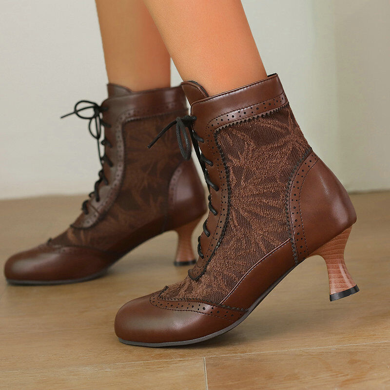 Autumn Womens Lace Up Ankle Boots Carved Wing Tip Retro Style Mid Heel sz