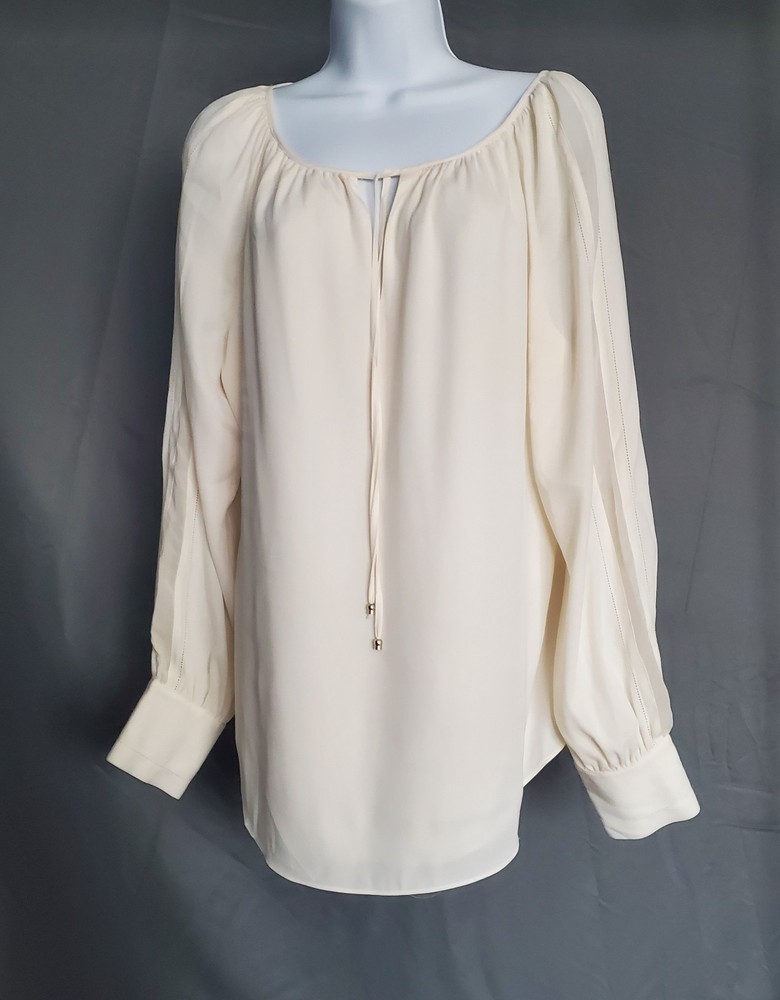 White House Black Market Ivory Peasant Blouse Size 12 Split Sleeve Tie Neck Eleg